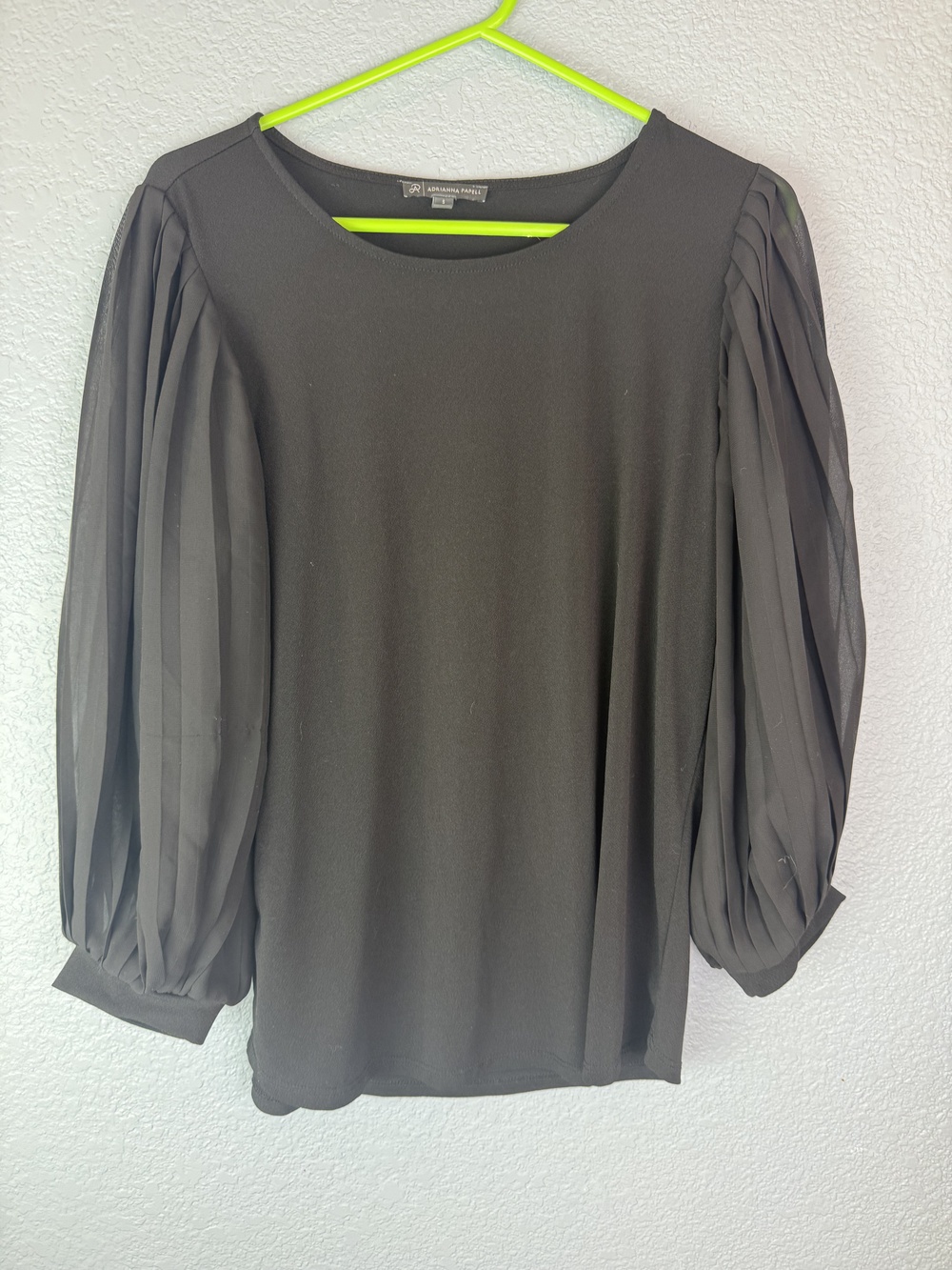Adrianna Papell Blouse Womens Small Black Pleated Sheer Puff Sleeve Top Elegant